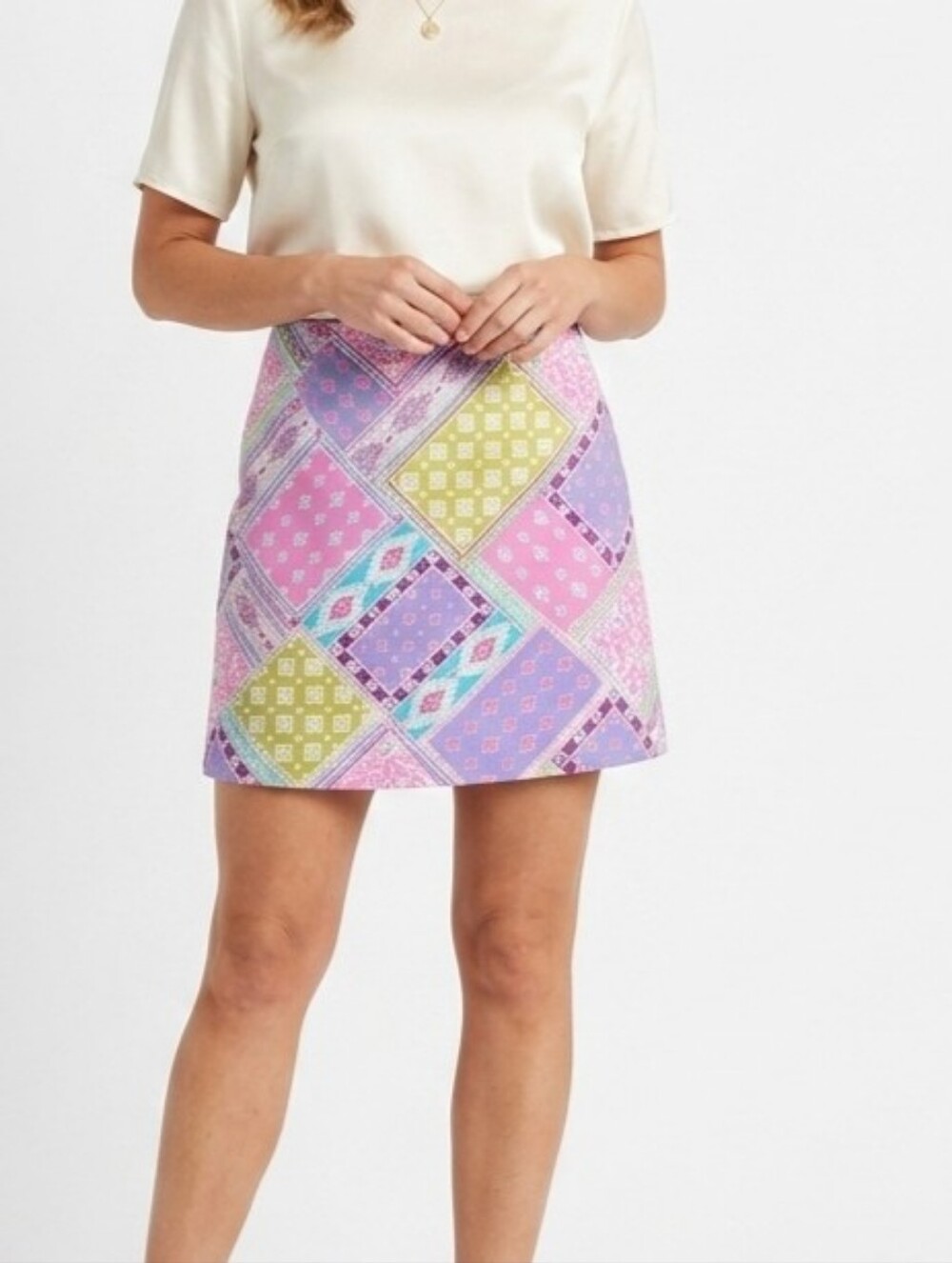Boston Proper Lavender Silk Patchwork Print Mini Skirt Sz 10 NWT